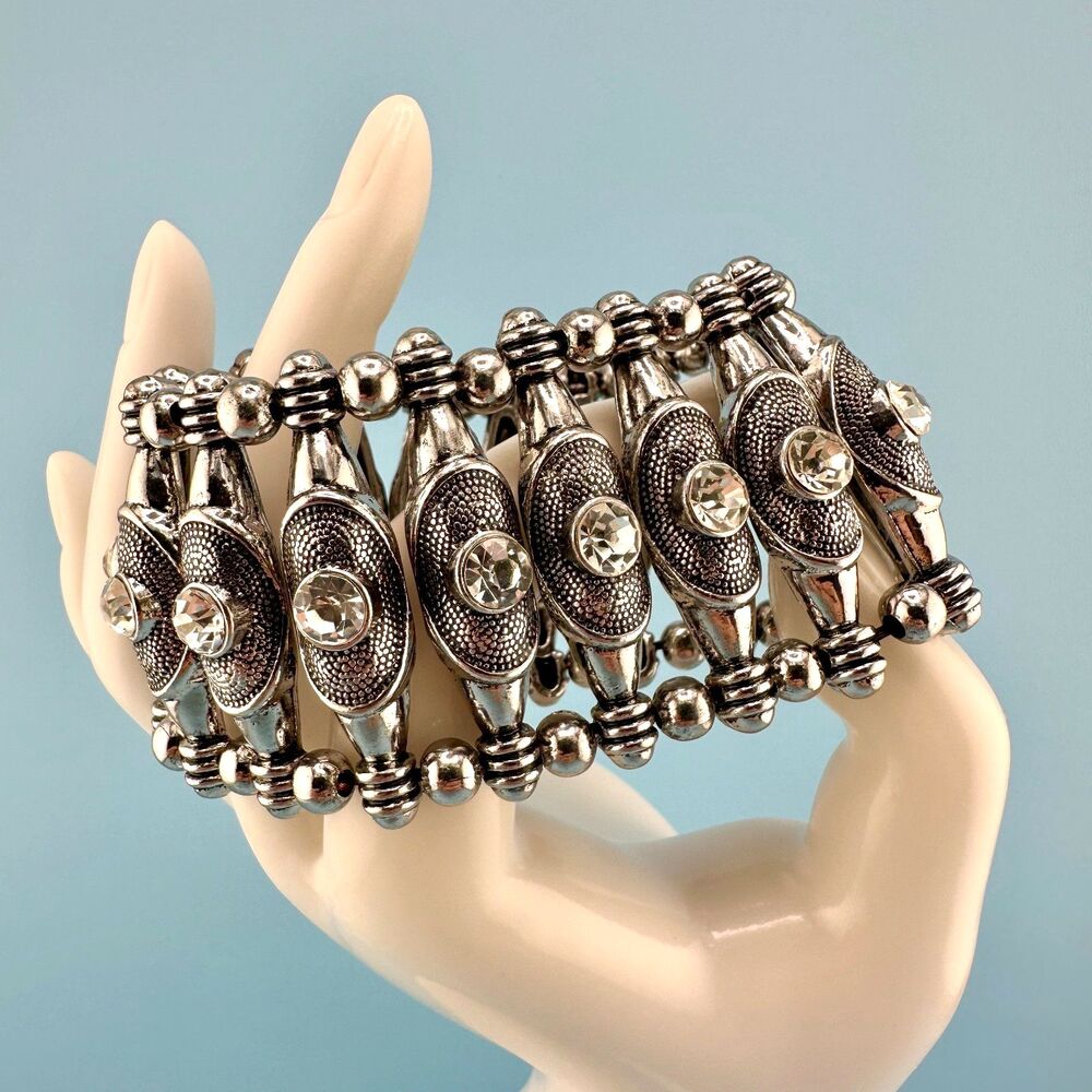 Vintage Chunky Stretch Bracelet Silver Tone Textured Wide Bead Clear Rhinestone